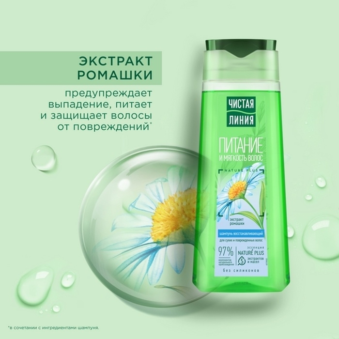 Шампунь для сухих и поврежденных волос Чистая линия с экстрактом ромашки, 250 мл
