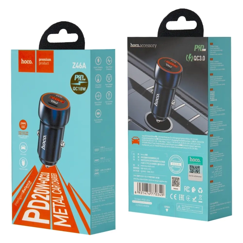 Переходник Z46А АЗУ на USB QC3.0 + Type-C PD20W HOCO синий