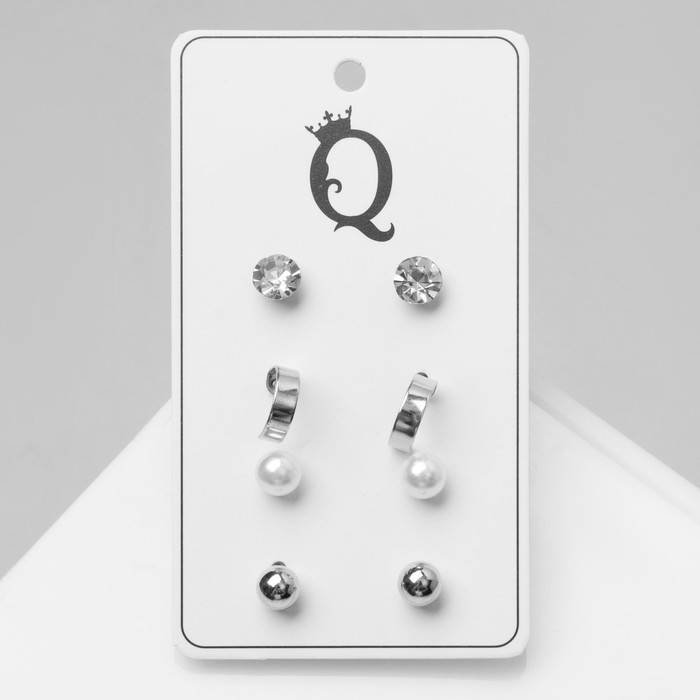 Пусеты 4 пары &laquo;Романтика&raquo; кольца, цвет белый в серебре