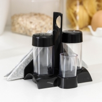 Набор для специй пластиковый &laquo;Рондо. Презент&raquo;, 3 шт, на подставке с салфетницей, цвет чёрный