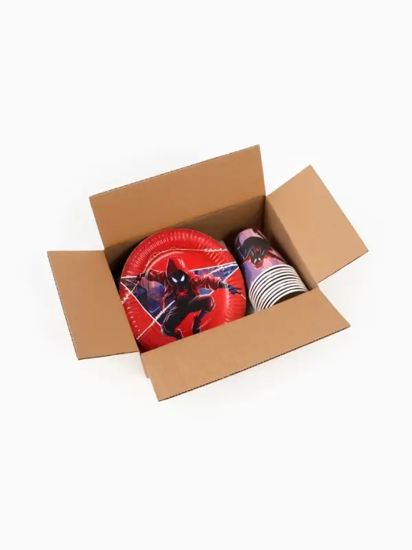 Посуда одноразовая бумажная на 10 персон: стаканы, тарелки, скатерть, Человек Паук