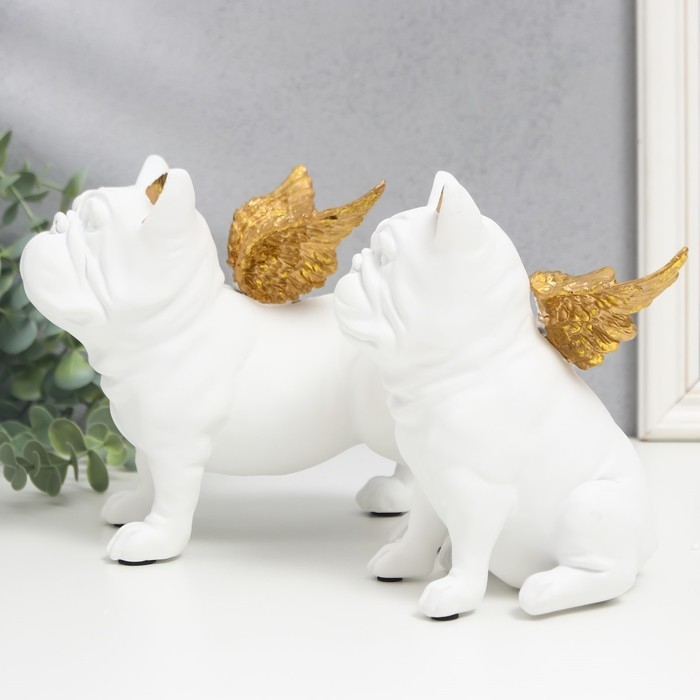 Сувенир полистоун "Бульдоги с крыльями" белый набор 2 шт 16,5х10,5х13,5 16,5х11,5х18,5 см