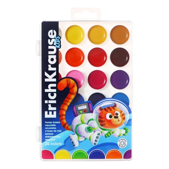 Акварель 24 цвета ErichKrause Акварель 24 цвета ErichKrause "Jolly Friends", медовые, УФ-фильтр, матовые насыщенные цвета, пластиковая коробка с европодвесом