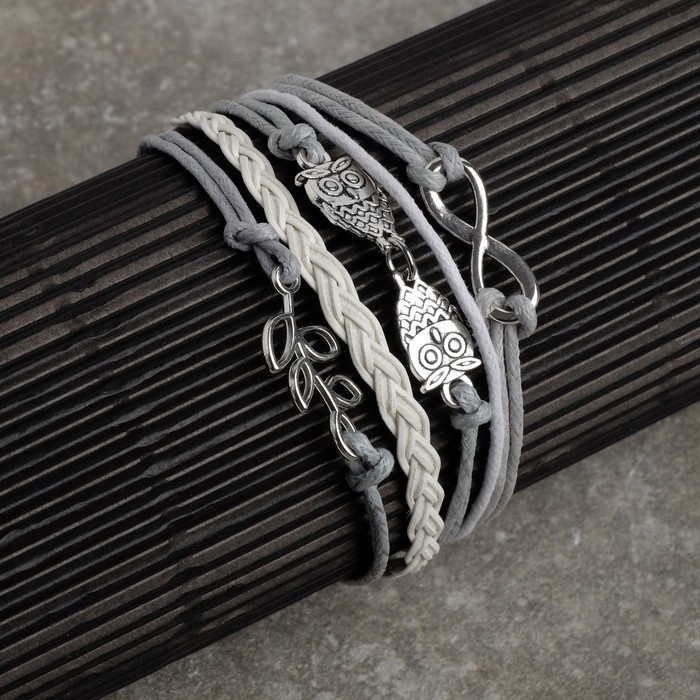 Браслет кожа &laquo;Магия знаков&raquo; совушки, 5 нитей, цвет бело-серый, L=20 см
