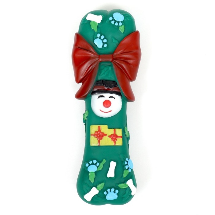 Игрушка пищащая для собак "Новогодняя кость с бантиком", виниловая, 18 х 5,6 х 4 см, зелёная