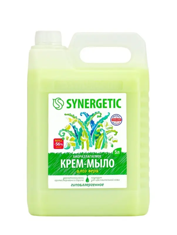Крем-мыло жидкое биоразлагаемое для мытья рук и тела SYNERGETIC "Алоэ вера", 5 л