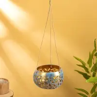 Подсвечник подвесной из кокоса, 14&times;14&times;10 см, голубой-золотой