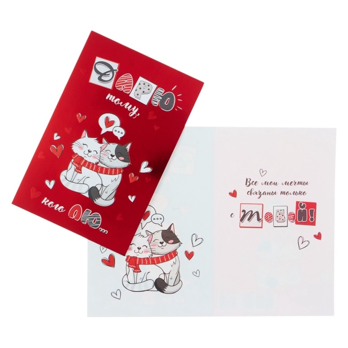 Открытка &laquo;Дарю тому, кого лю ...&raquo; котики, конгрев, тиснение, 12,5 &times; 19,5 см