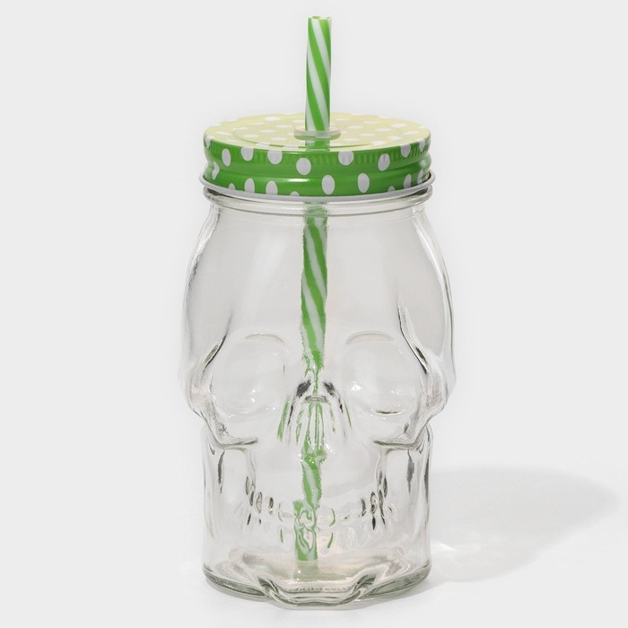 Кружка стеклянная с крышкой и трубочкой Доляна &laquo;Череп. Хэллоуин&raquo;, 400 мл, 9&times;14,5 см, цвет МИКС