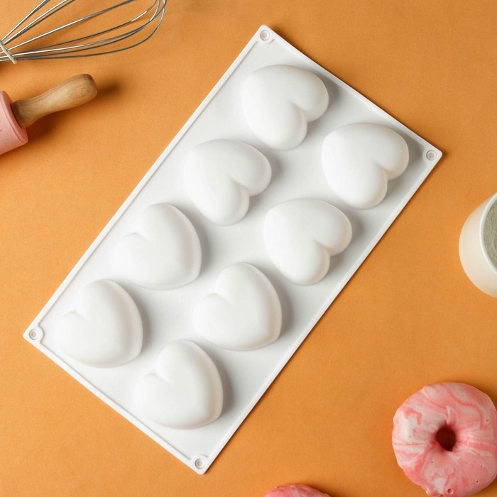 Форма для муссовых десертов и выпечки KONFINETTA &laquo;Сердца&raquo;, 30&times;17,5&times;3 см, 8 ячеек (6,2&times;6 см), цвет белый