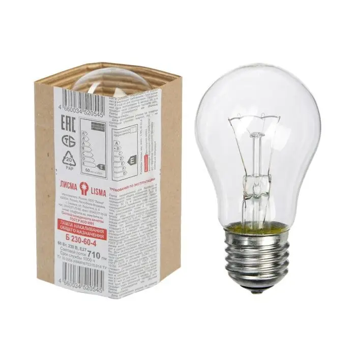 Лампа накаливания &laquo;Лисма&raquo;, Б, Е27, 60 Вт, 230 В