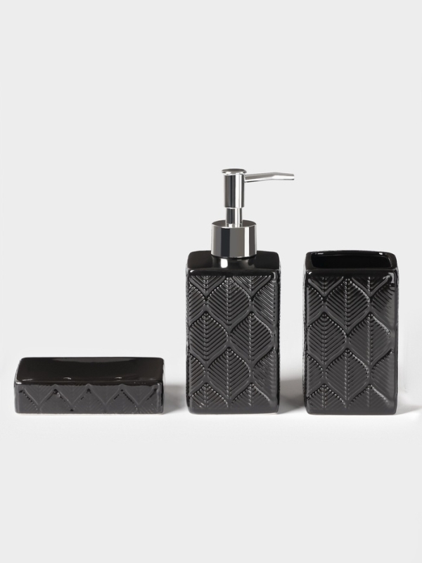 Набор для ванной &laquo;Лепесток&raquo;, 3 предмета, дозатор для мыла, стакан, мыльница, чёрный