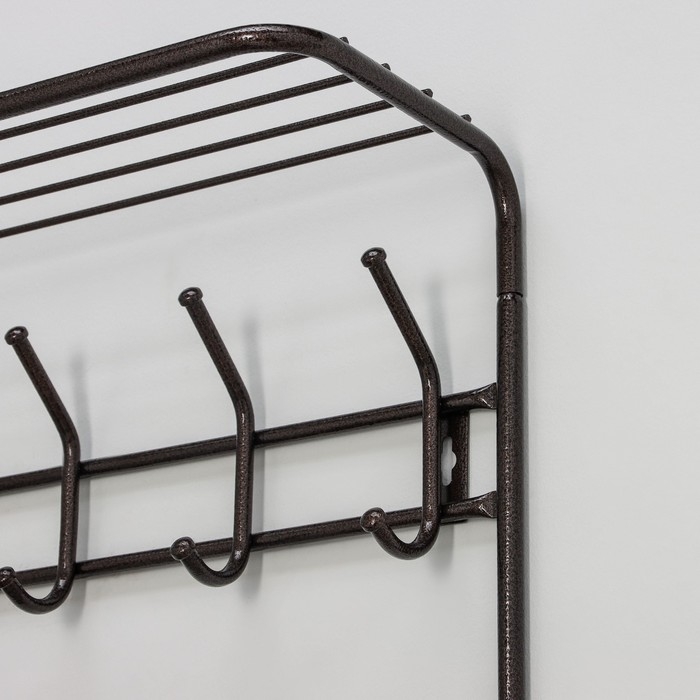 Вешалка настенная, с полкой, 9 крючков, 2 яруса, 73&times;22&times;58 см, коричневая