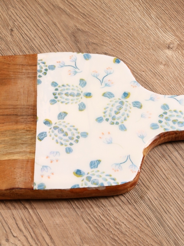 Доска разделочная прямоугольная "Черепаха и цветы" дерево манго 41х18 см