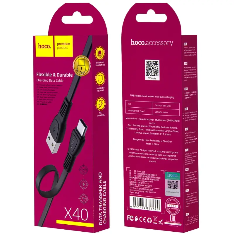 Кабель X40 USB Type-C 1M 3.0A HOCO черный