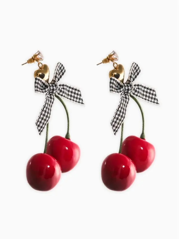 Серьги "Вишня с бантиками" текстиль, цветные в золоте