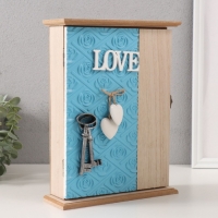 Ключница дерево 6 крючков "Роза. Ключи и сердце" голубой 6,5х20х26,5 см