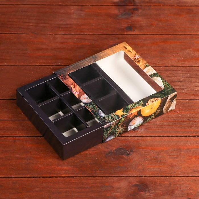 Новый год. Коробка под 9 конфет "Мандарины", 13,7 х 13,7 х 3,5 см, кондитерская упаковка