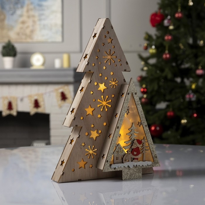 Светодиодная фигура &laquo;Звёздная ель с Сантой&raquo; 20 &times; 30 &times; 6.5 см, дерево, батарейки АААх2 (не в комплекте), свечение тёплое белое