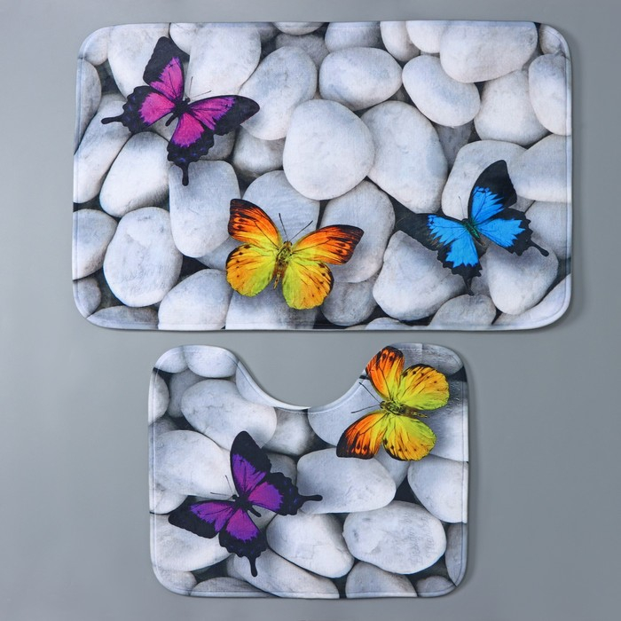 Коврики для ванной и туалета Доляна &laquo;Камни&raquo;, 2 шт: 40&times;50 см, 50&times;80 см, цвет белый