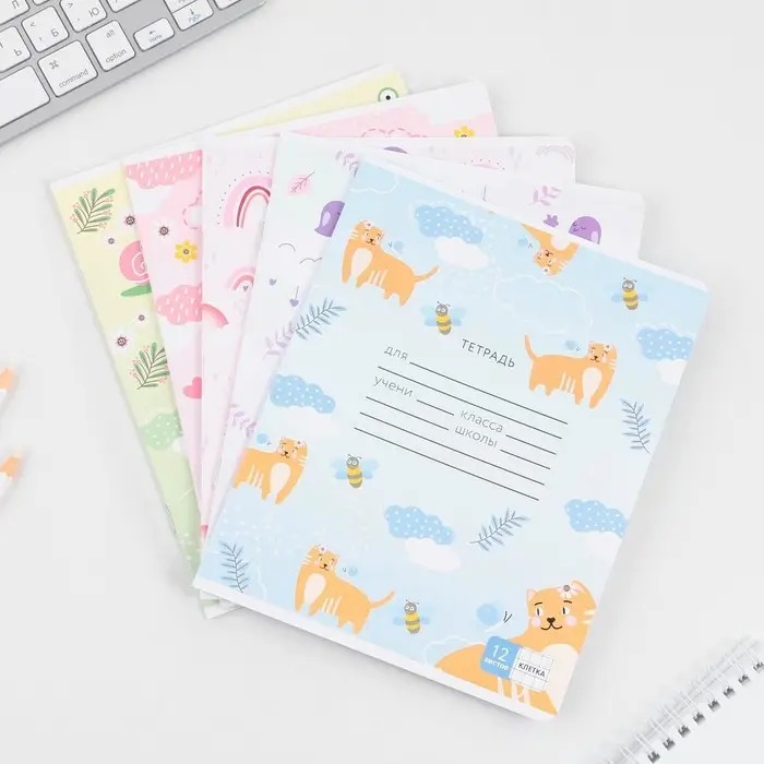 Тетрадь в клетку 12 листов А5, на скрепке &laquo;Милые животные&raquo;, 5 видов МИКС, белизна 96%