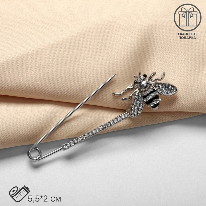 Булавка &laquo;Пчела&raquo; со стразами, 5,5см, цвет чёрно-белый в серебре