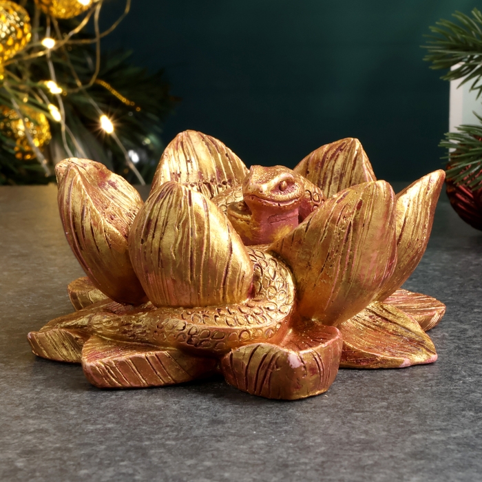 Новый год. Символ 2025. Фигура "Змея в лотосе" бордовый с позолотой, 4х10см