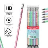 Карандаш чернографитный с ластиком ErichKrause &laquo;Pastel&raquo;, HB, грифель d=2.2 мм, пластик, круглый в тубусе, пастель МИКС