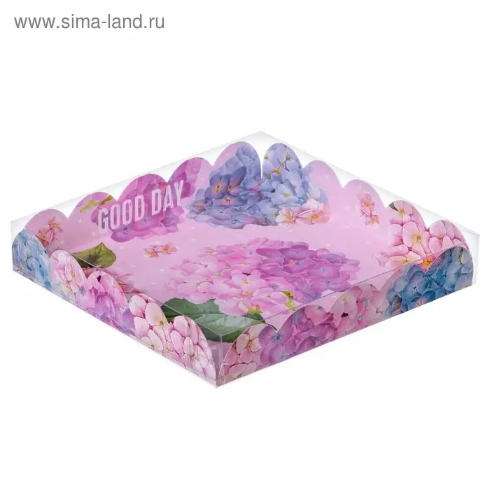 Коробка для печенья, кондитерская упаковка с пластиковой крышкой, Good day, 18 х 18 х 3 см