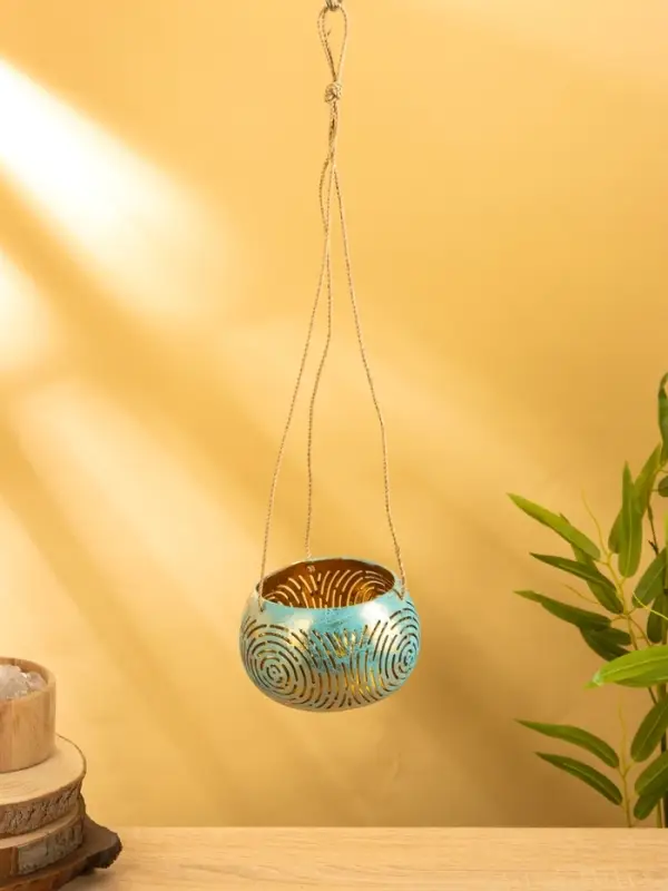 Подсвечник подвесной из кокоса, 14&times;14&times;10 см, бирюзово-золотой