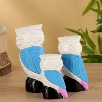 Набор сувенирный &laquo;Совы&raquo;, h=18 см, h=14.5 см, h=11 см, дерево, бело-синий