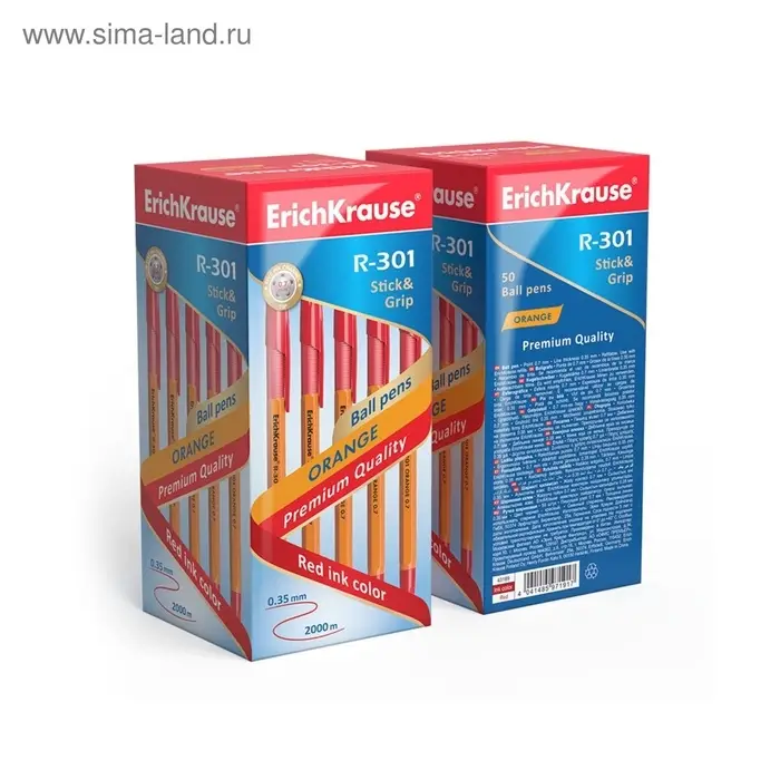 Ручка шариковая ErichKrause R-301 Orange Stick & Grip, узел 0.7 мм, чернила красные, резиновый держатель, длина линии письма 2000 метров