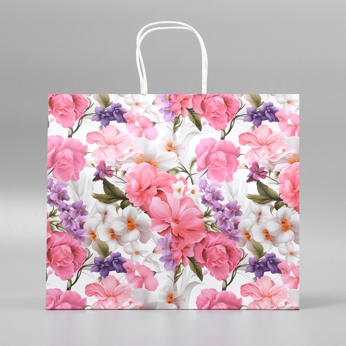 Пакет подарочный крафтовый, упаковка, &laquo;Подарок для тебя&raquo;,цветы, 32 х 28 х 15 см