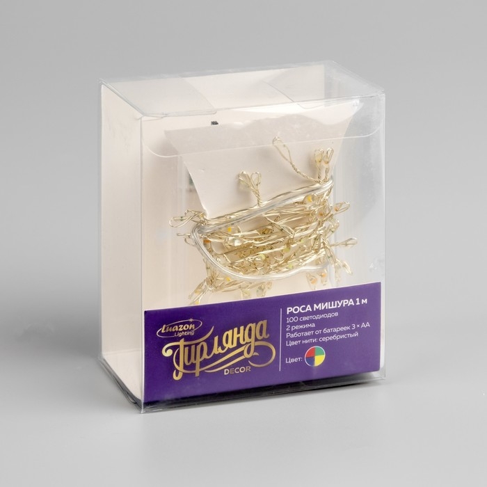 Гирлянда &laquo;Мишура&raquo; 1 м роса, IP20, серебристая нить, 100 LED, 2 режима, батарейки AAх3 (нет в комплекте), свечение мульти