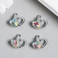 Металлический элемент, декоративная подвеска &laquo;Арт Узор. Двойное сердце&raquo;, стразы, серебро, 1.7&times;1.8 см