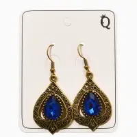 Серьги со стразми "Винтаж" капля, цвет синий в чернёном золоте