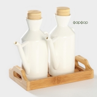 Ёмкости для соусов фарфоровые на подставке из бамбука BellaTenero, 3 предмета: 2 соусника 420 мл, подставка 17&times;7,2&times;17 см, цвет белый