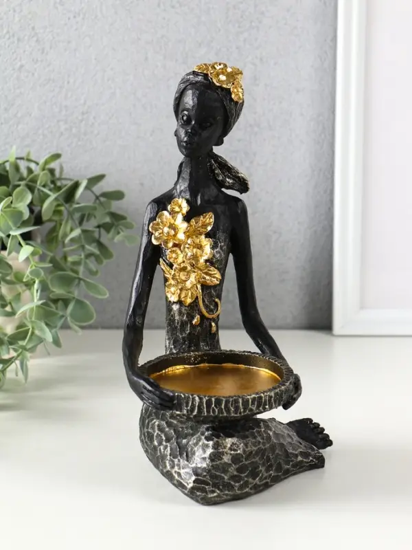 Подсвечник полистоун "Африканка в косынке с цветами" чёрный d=8 см 14х11,5х24,5 см