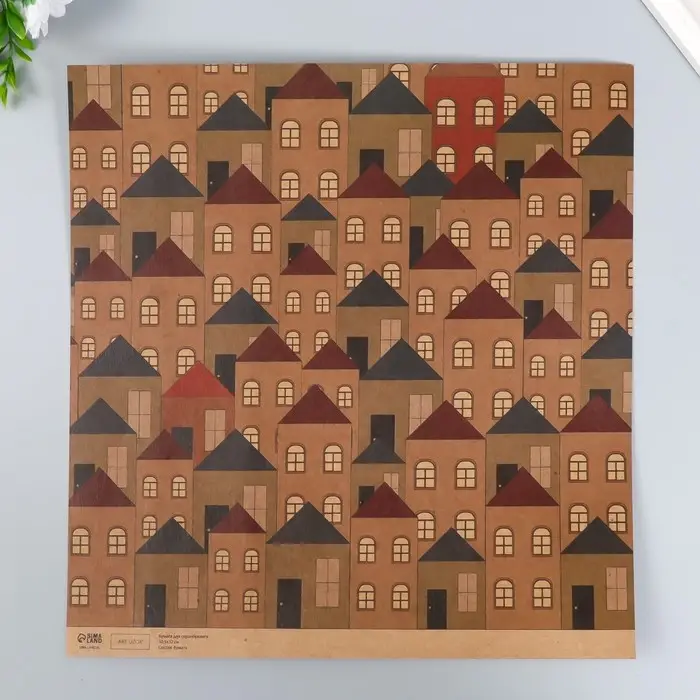 Бумага для скрапбукинга двусторонняя крафт "Домики и зонтики" плотность 180 гр 30,5х32 см