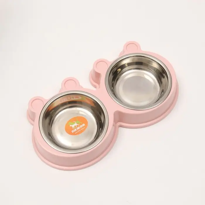 Миска металлическая двойная на пластиковой основе, 27,8 х 15,5 х 4 см, розовая