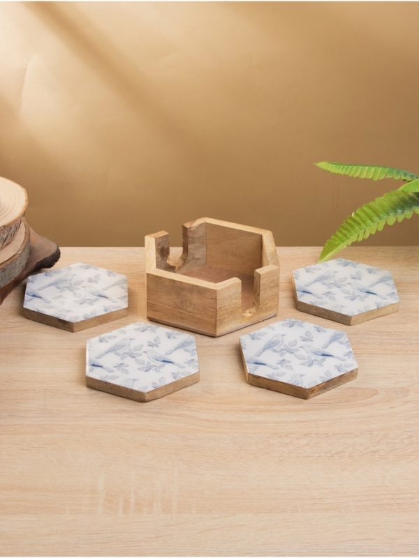 Подставка под горячее (набор 4 шт) "Синие птицы" дерево манго 15х13х5 см