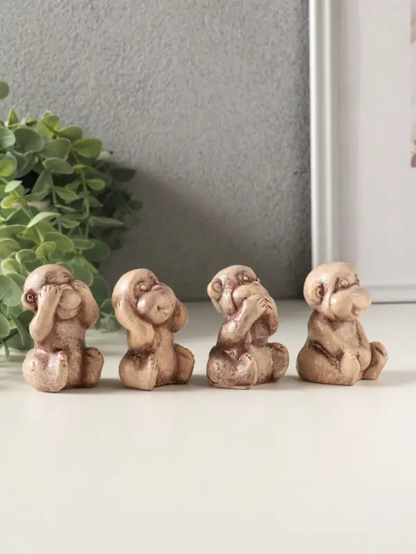 Статуэтки набор 4 шт "Обезьянки" высота 6 см, слоновая кость 10970272