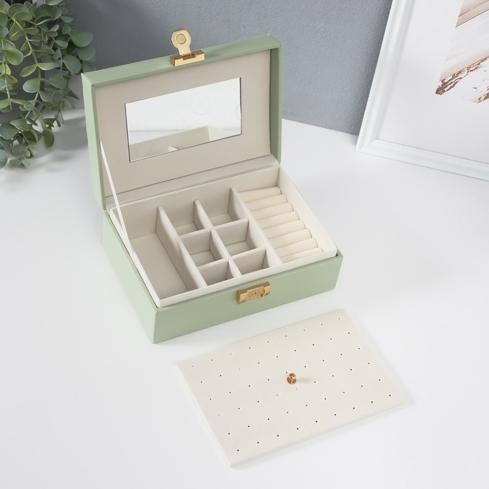 Шкатулка кожзам для украшений "Стёганная. Полоски" серо-зелёная 14х20х8 см