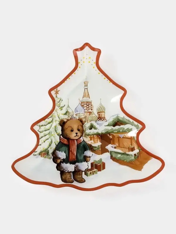 Блюдо сервировочное новогоднее Доляна &laquo;Московкий мишка&raquo;, 24.5&times;24.7&times;2 см, стекло, белое, красное