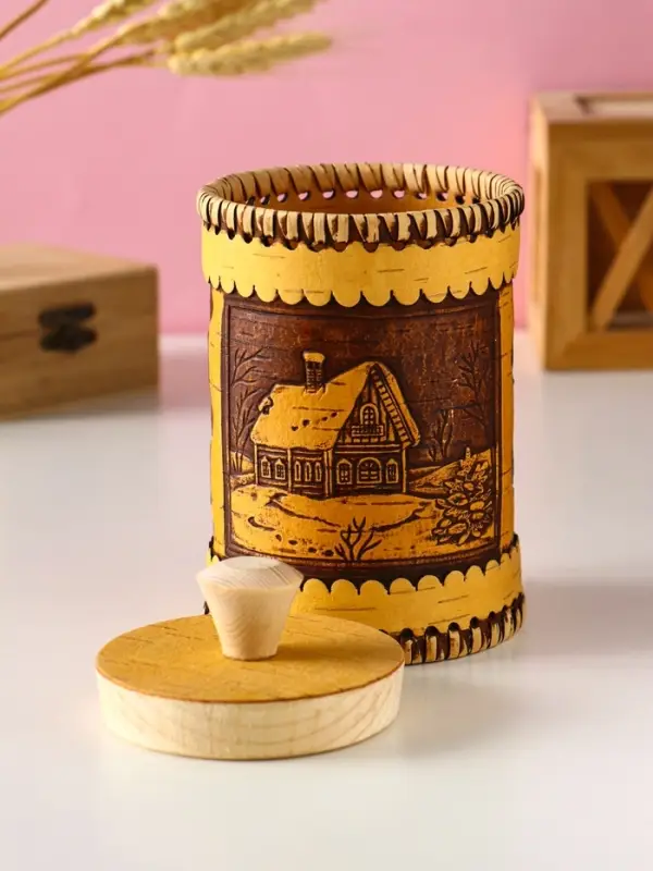 Туес шитый "Домики", D8смхH(с хватком)14см, береста