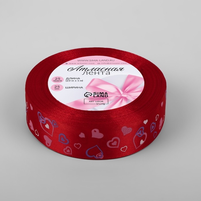 Лента атласная &laquo;Сердца&raquo;, 25 мм &times; 23 &plusmn; 1 м, цвет красный №026