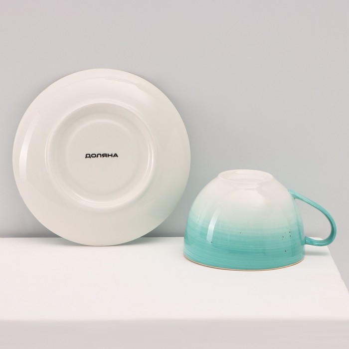 Сервиз фарфоровый чайный Доляна &laquo;Млечный путь&raquo;, 15 предметов: 6 чашек 220 мл, 6 блюдец d=13,5 см, молочник 300 мл, сахарница 350 мл, чайник 1000 мл, цвет бирюзовый