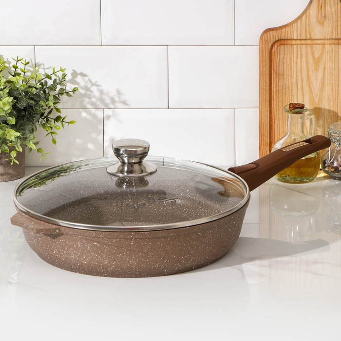 Сковорода &laquo;Гранит&raquo;, d=30 см, съёмная ручка, стеклянная крышка, антипригарное покрытие, цвет коричневый