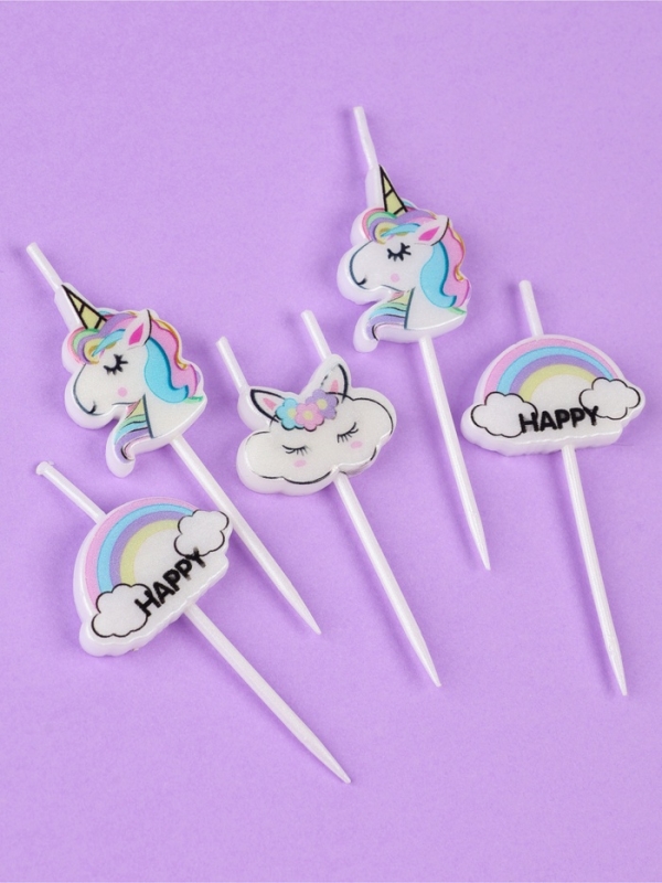 Набор свечей для торта, 5 шт "Единороги и облака", белые