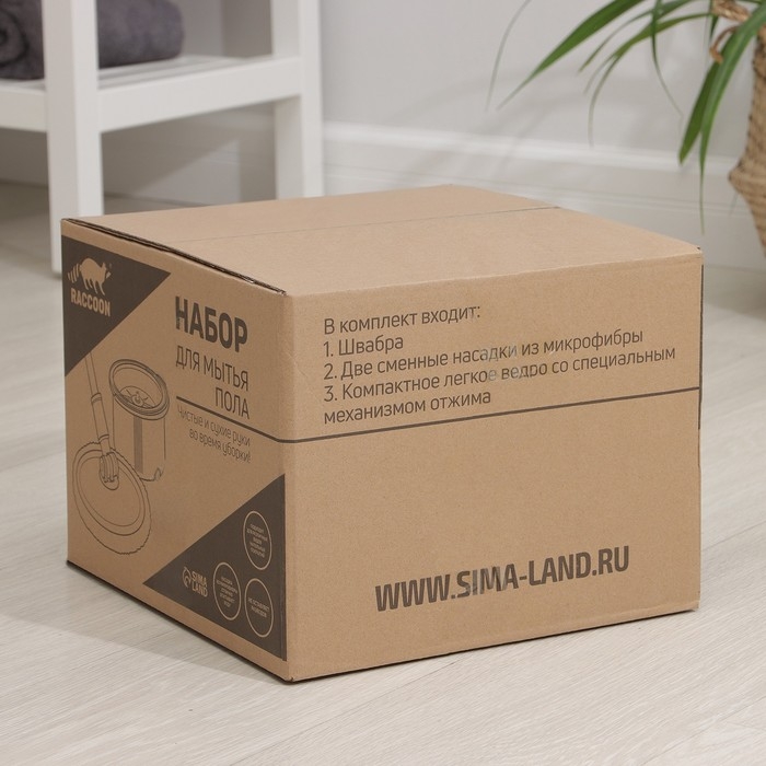 Швабра с отжимом и ведром Raccoon: ведро с подачей воды 19,5&times;31 см, швабра 23&times;135 см, насадка из микрофибры d=23 см